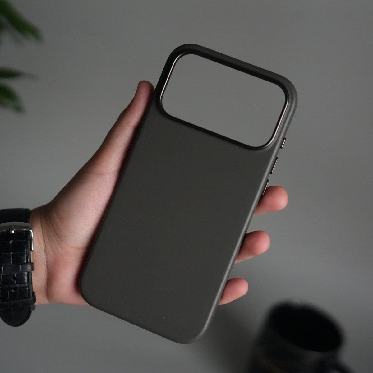 iPhone 17 Pro Premium PU Leather MagSafe Case | Metal Camera Frame Luxury Back Cover | Dark Gray