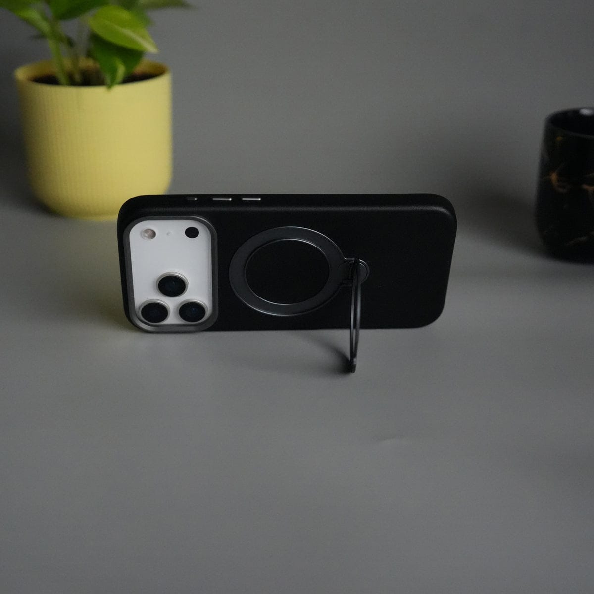 iPhone 17 Pro PU Leather Case with Metal Camera Frame & 360° Rotating Metal Stand
