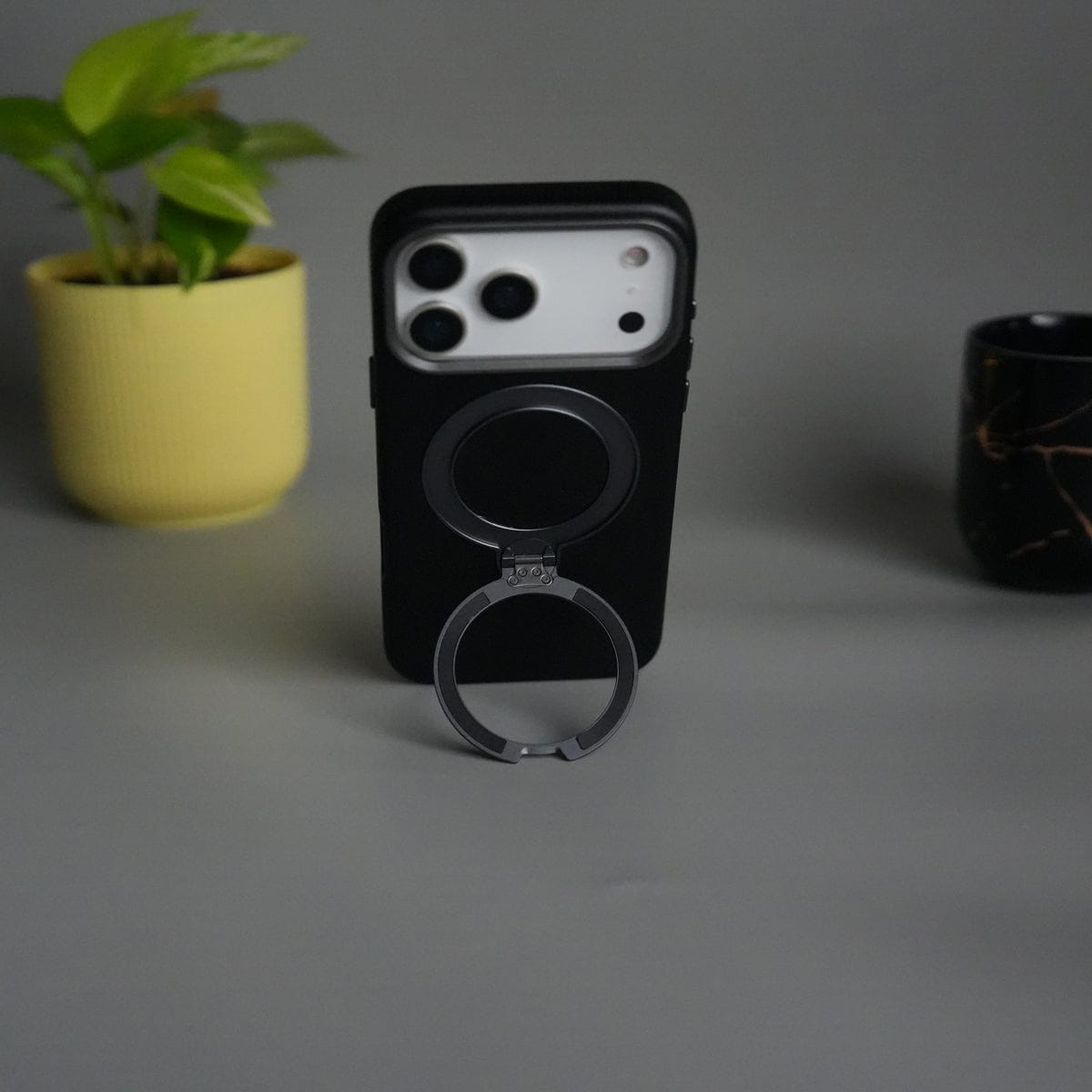iPhone 17 Pro PU Leather Case with Metal Camera Frame & 360° Rotating Metal Stand