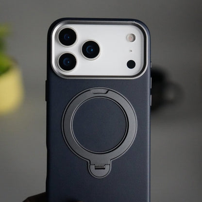 iPhone 17 Pro PU Leather Case with Metal Camera Frame & 360° Rotating Metal Stand