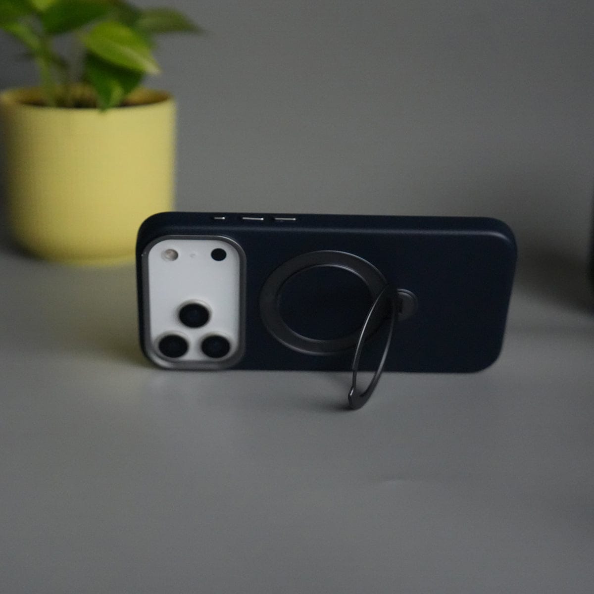 iPhone 17 Pro PU Leather Case with Metal Camera Frame & 360° Rotating Metal Stand