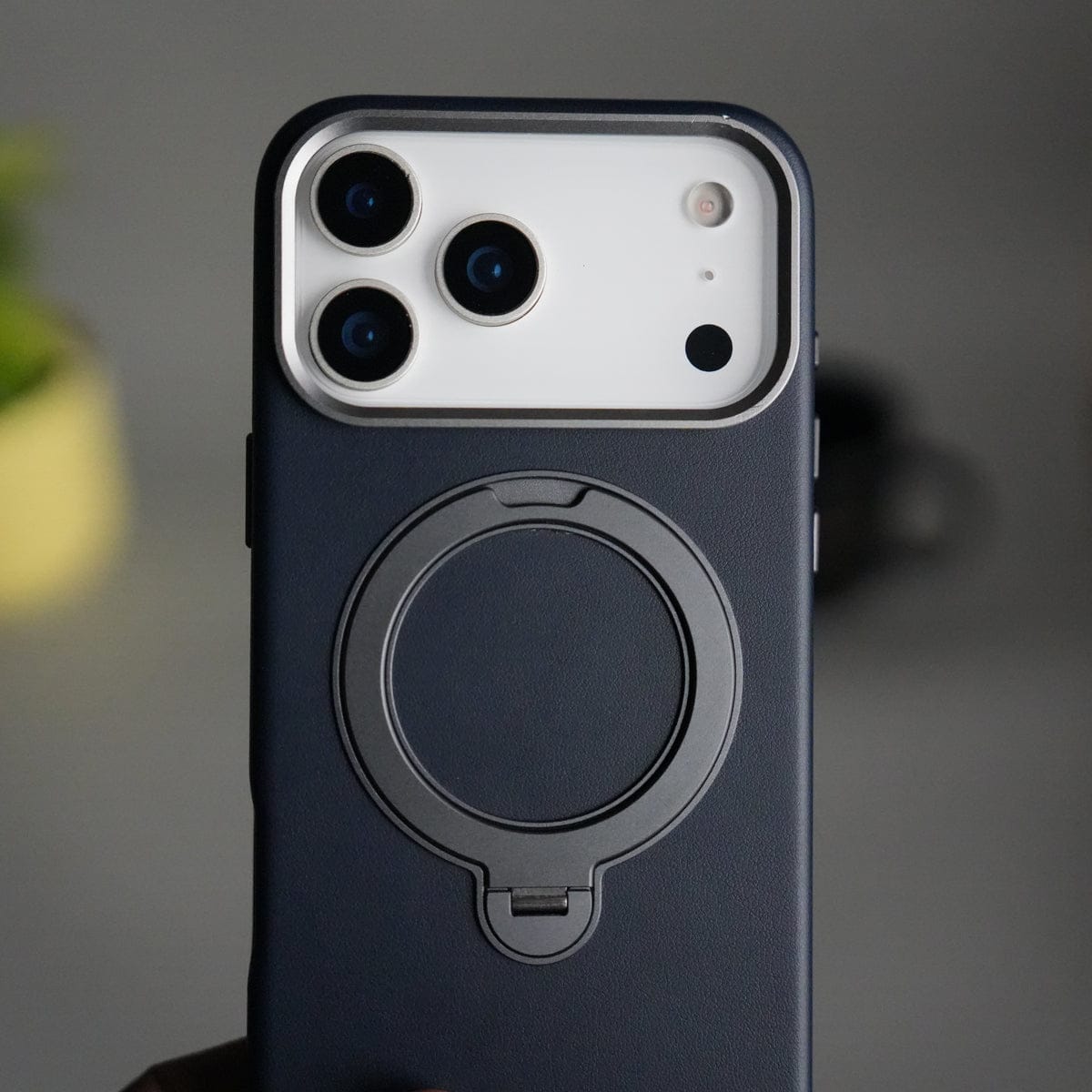 iPhone 17 Pro PU Leather Case with Metal Camera Frame & 360° Rotating Metal Stand