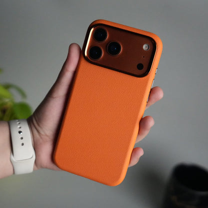iPhone 17 Pro PU Leather Case with Metal Camera Frame & Built-in MagSafe Back Cover