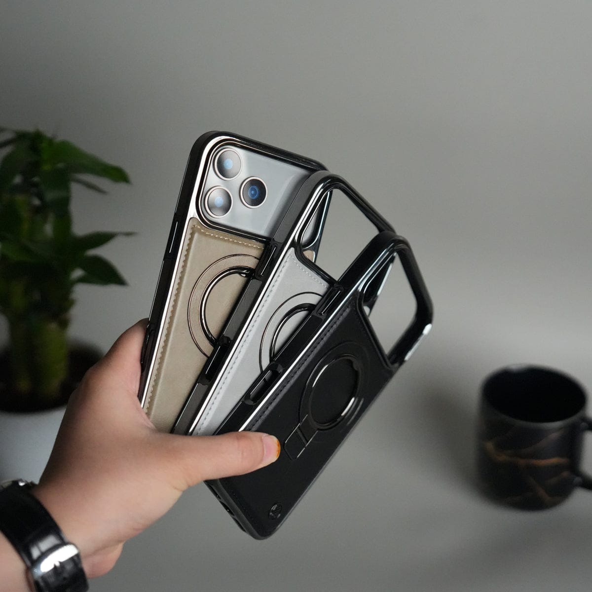 iPhone 17 Pro PU Leather Chrome Side Case With Ring Metal Stand