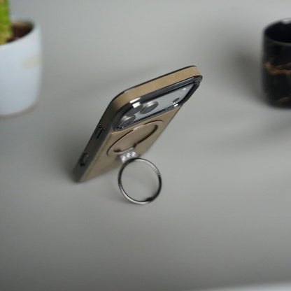 iPhone 17 Pro PU Leather Chrome Side Case With Ring Metal Stand