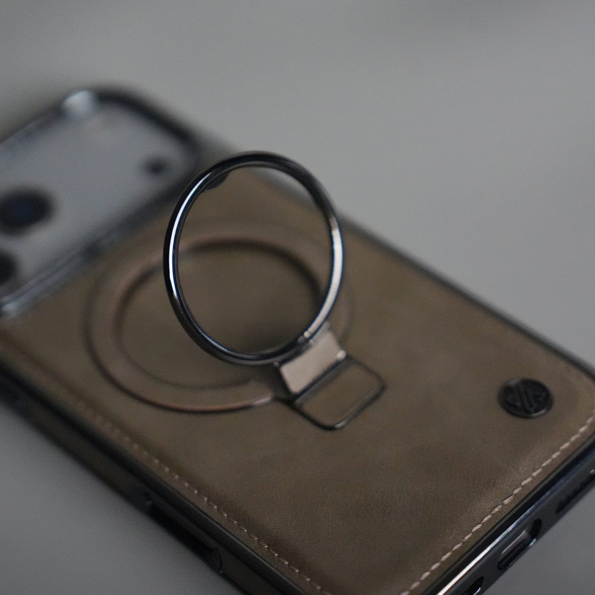iPhone 17 Pro PU Leather Chrome Side Case With Ring Metal Stand