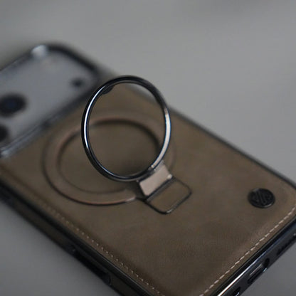 iPhone 17 Pro PU Leather Chrome Side Case With Ring Metal Stand