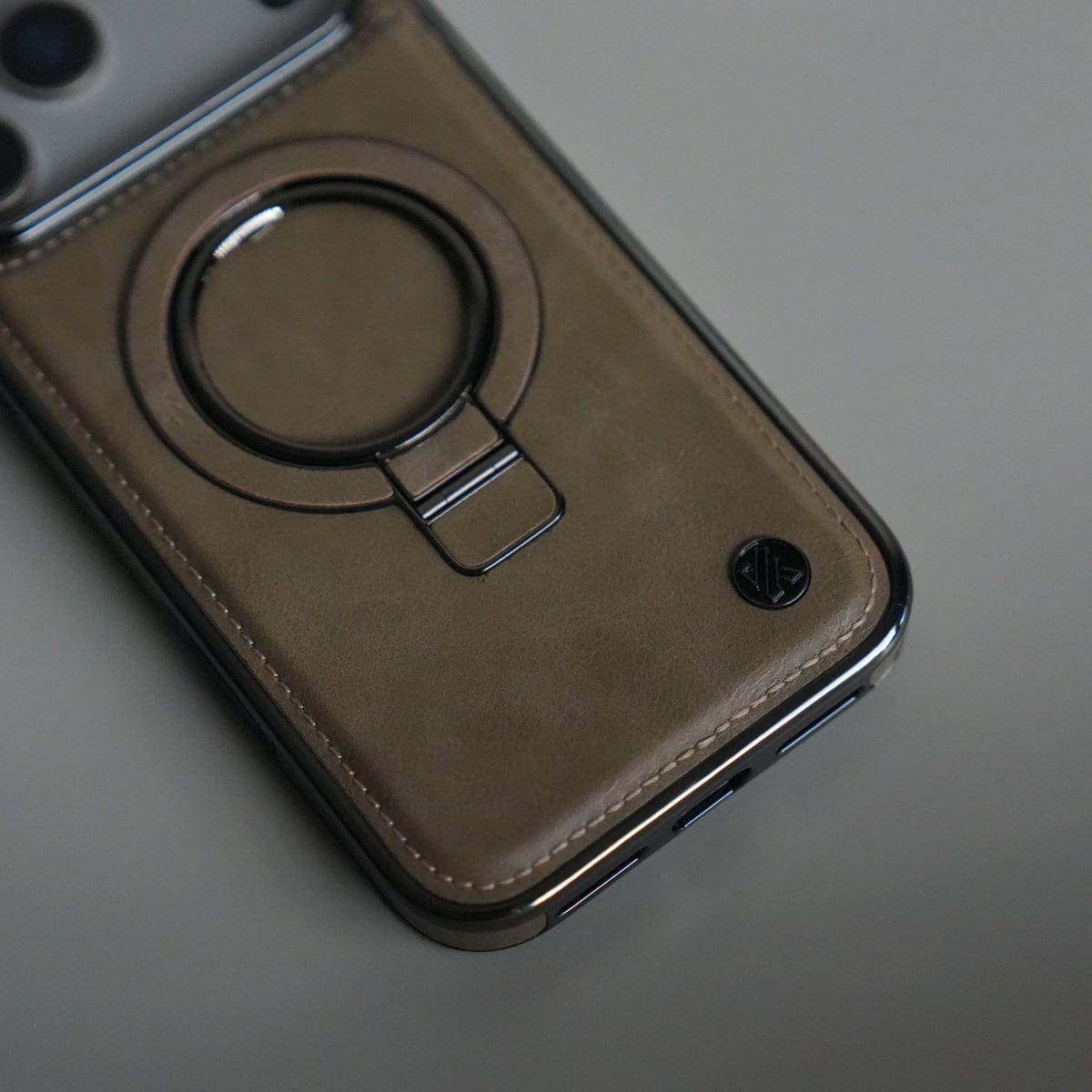 iPhone 17 Pro PU Leather Chrome Side Case With Ring Metal Stand