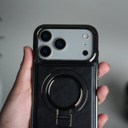 iPhone 17 Pro PU Leather Chrome Side Case With Ring Metal Stand