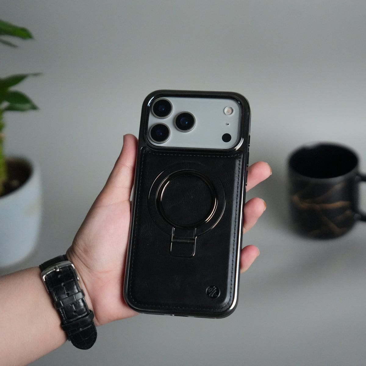 iPhone 17 Pro PU Leather Chrome Side Case With Ring Metal Stand