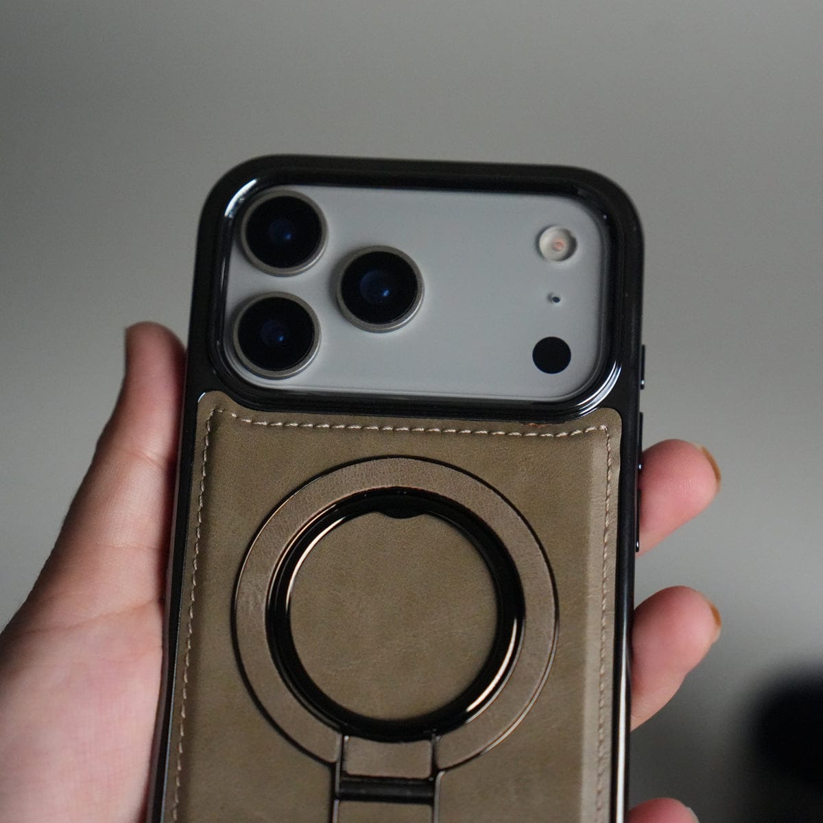 iPhone 17 Pro PU Leather Chrome Side Case With Ring Metal Stand