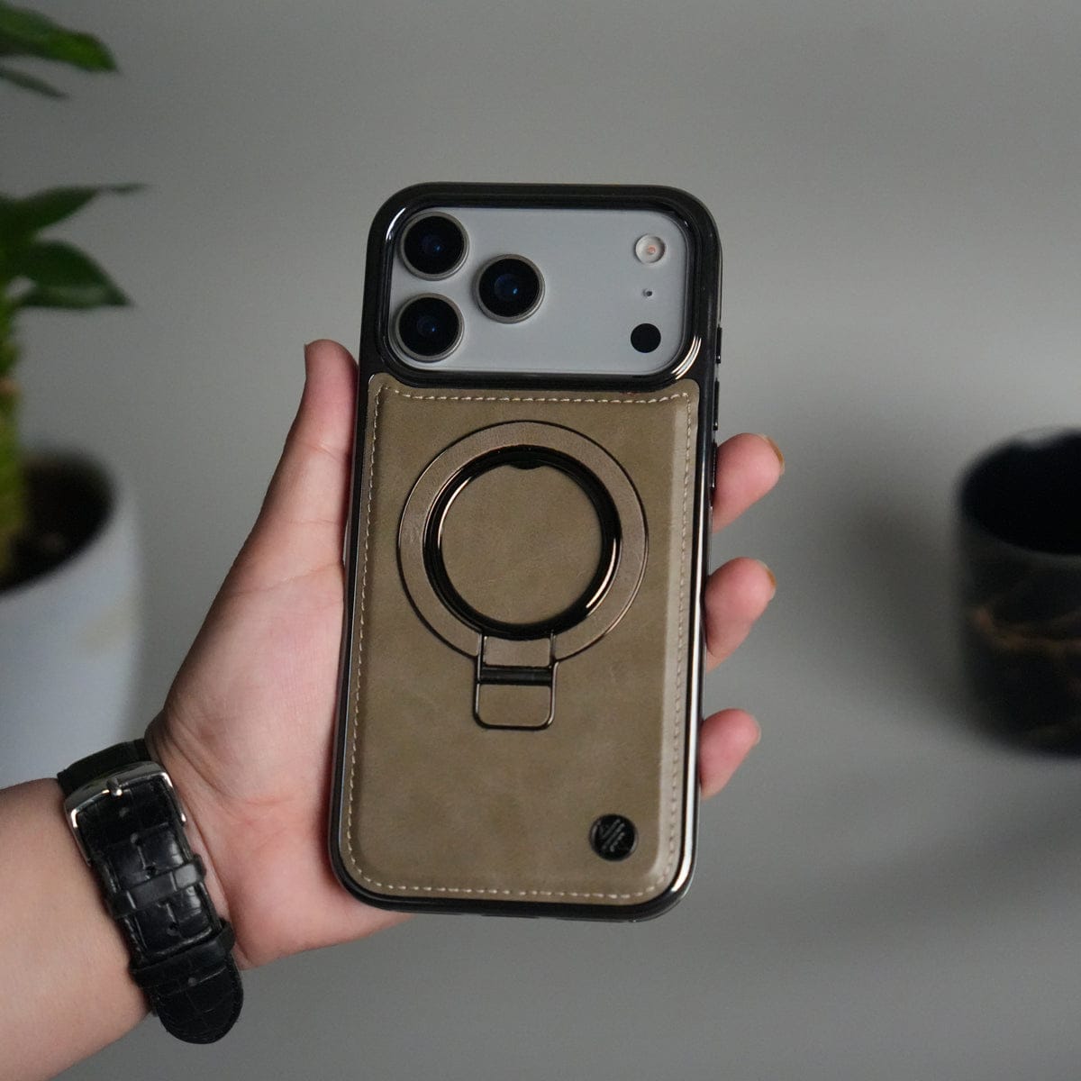 iPhone 17 Pro PU Leather Chrome Side Case With Ring Metal Stand