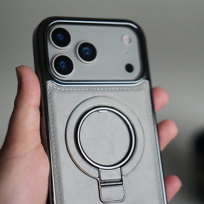iPhone 17 Pro PU Leather Chrome Side Case With Ring Metal Stand