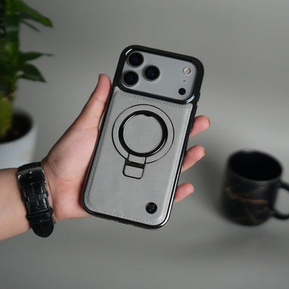iPhone 17 Pro PU Leather Chrome Side Case With Ring Metal Stand