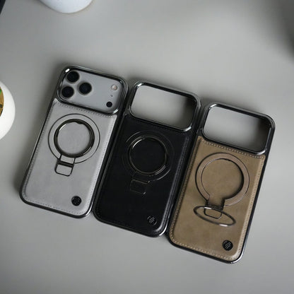 iPhone 17 Pro PU Leather Chrome Side Case With Ring Metal Stand