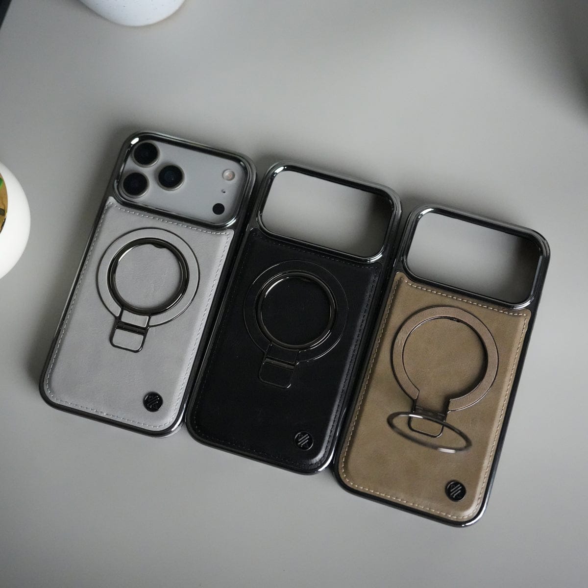 iPhone 17 Pro PU Leather Chrome Side Case With Ring Metal Stand