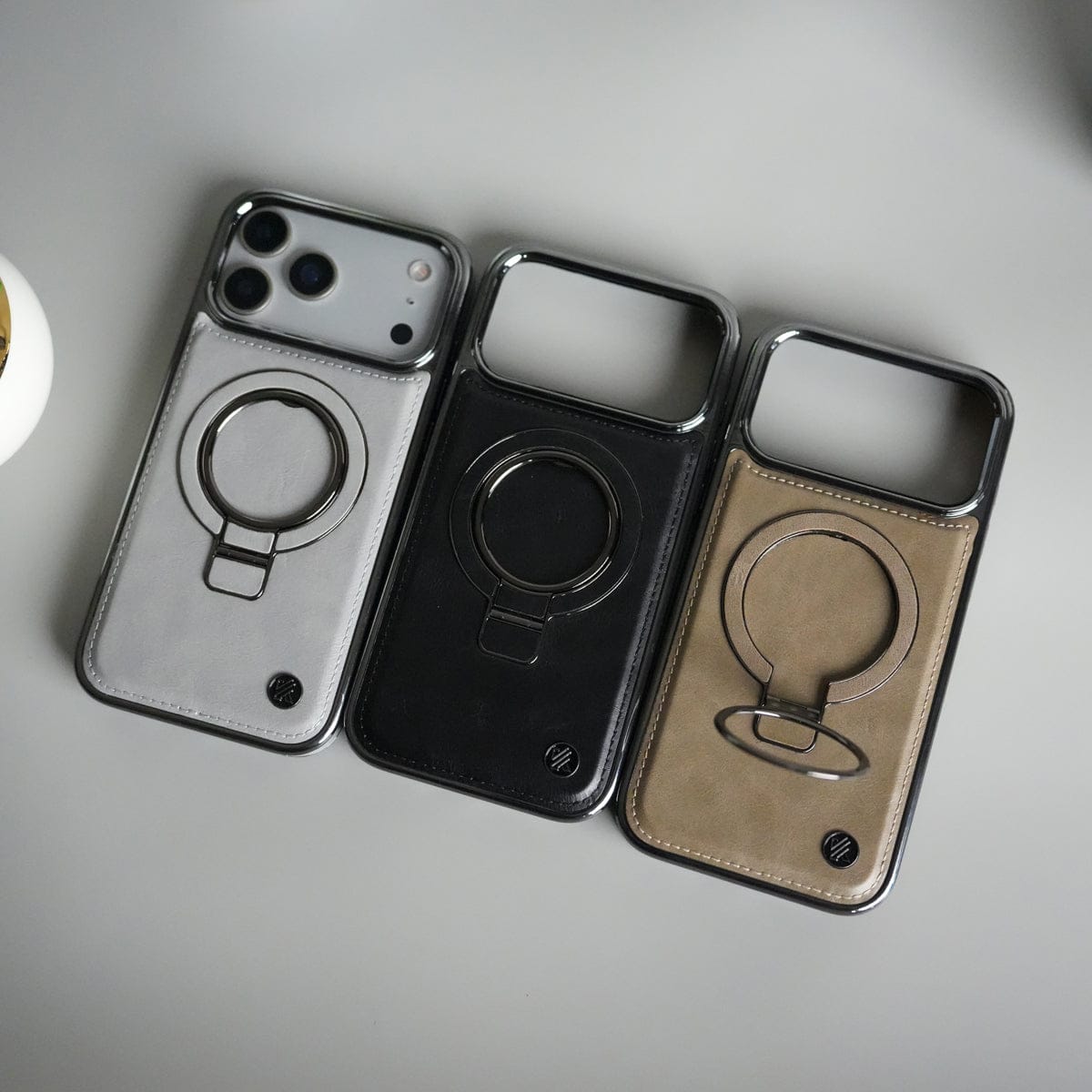 iPhone 17 Pro PU Leather Chrome Side Case With Ring Metal Stand