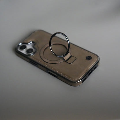 iPhone 17 PU Leather Chrome Side Case With Ring Metal Stand