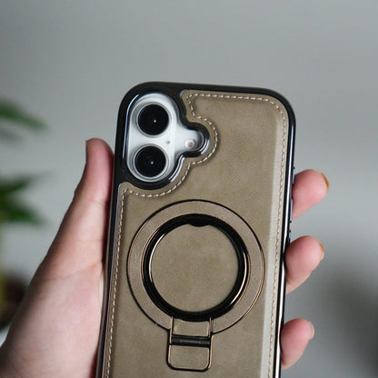 iPhone 17 PU Leather Chrome Side Case With Ring Metal Stand