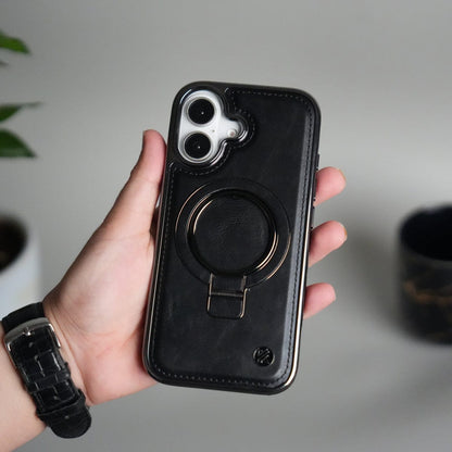 iPhone 17 PU Leather Chrome Side Case With Ring Metal Stand