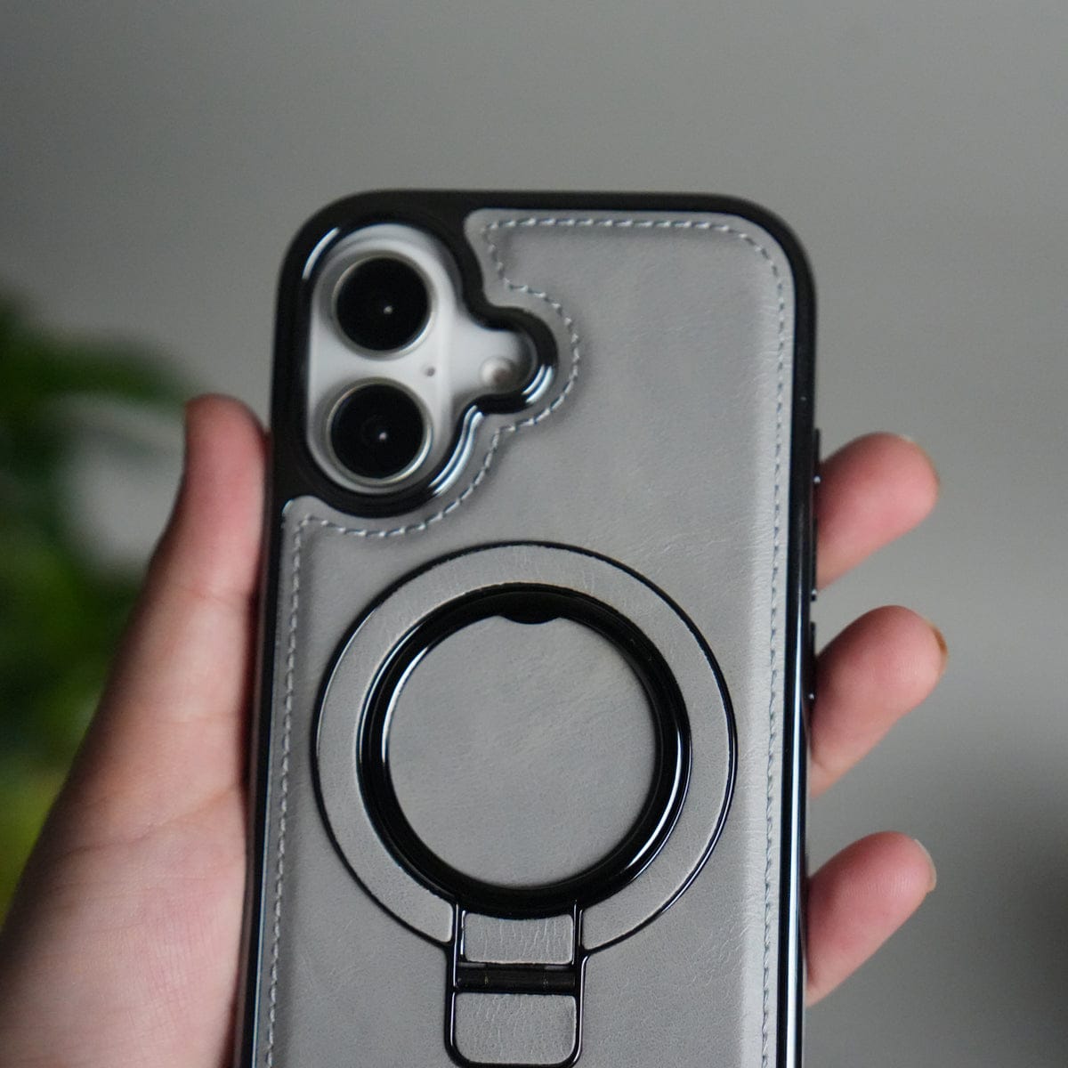 iPhone 17 PU Leather Chrome Side Case With Ring Metal Stand