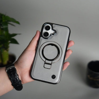 iPhone 17 PU Leather Chrome Side Case With Ring Metal Stand