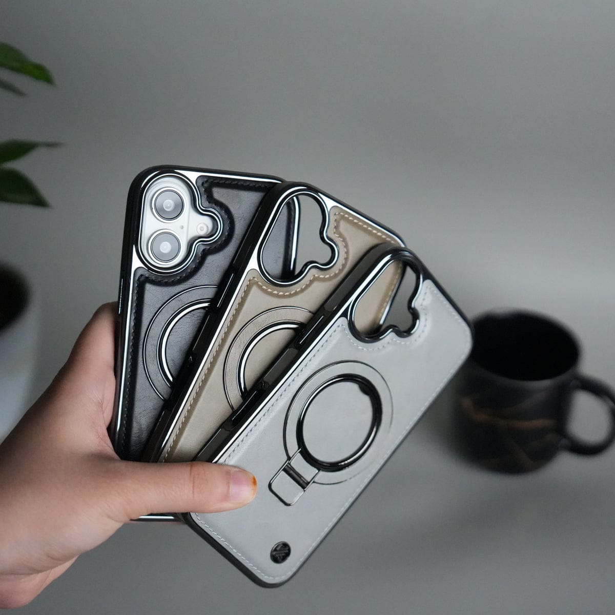 iPhone 17 PU Leather Chrome Side Case With Ring Metal Stand