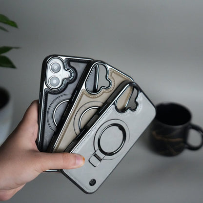 iPhone 17 PU Leather Chrome Side Case With Ring Metal Stand