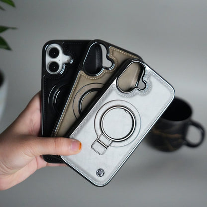 iPhone 17 PU Leather Chrome Side Case With Ring Metal Stand