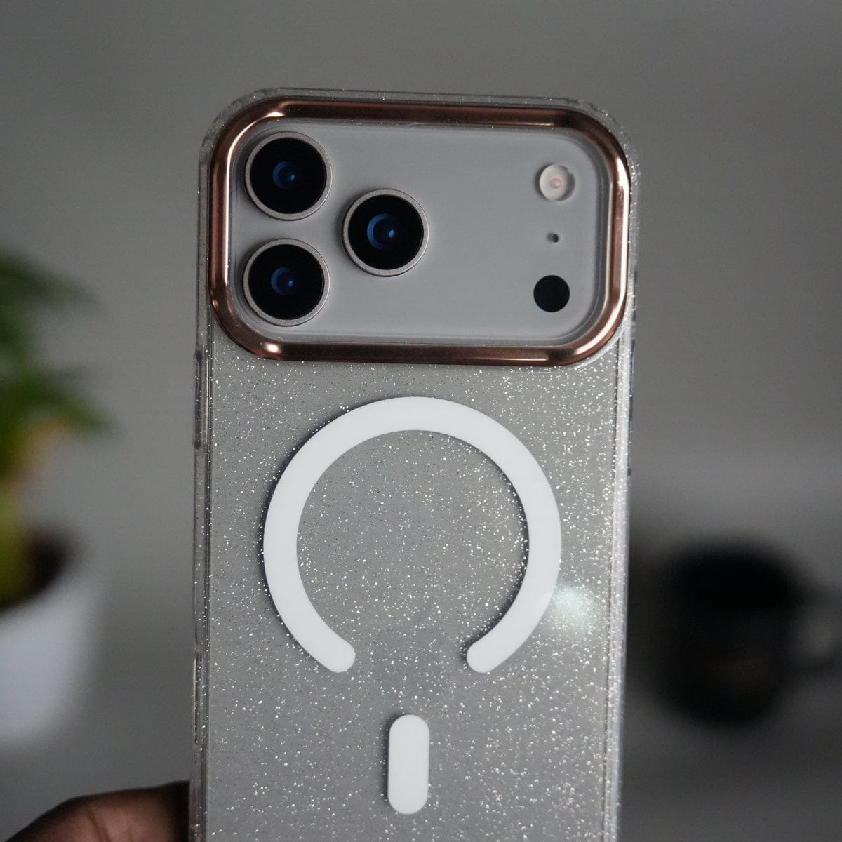 iPhone 17 Series Glitter MagSafe Case | Transparent Cover with Sparkle Finish & Metallic Camera Bumper