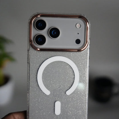 iPhone 17 Series Glitter MagSafe Case | Transparent Cover with Sparkle Finish & Metallic Camera Bumper