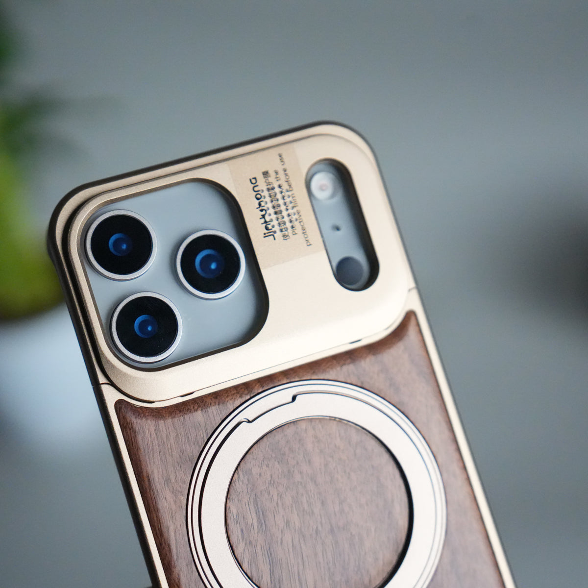 iPhone 17 Series Metallic Wood Leather AeroFLex Aluminium  Case With Rotating Stand