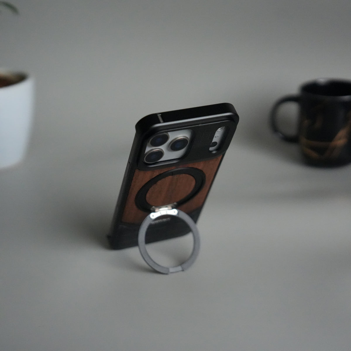 iPhone 17 Series Metallic Wood Leather AeroFLex Aluminium  Case With Rotating Stand