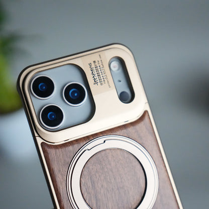 iPhone 17 Series Metallic Wood Leather AeroFLex Aluminium  Case With Rotating Stand