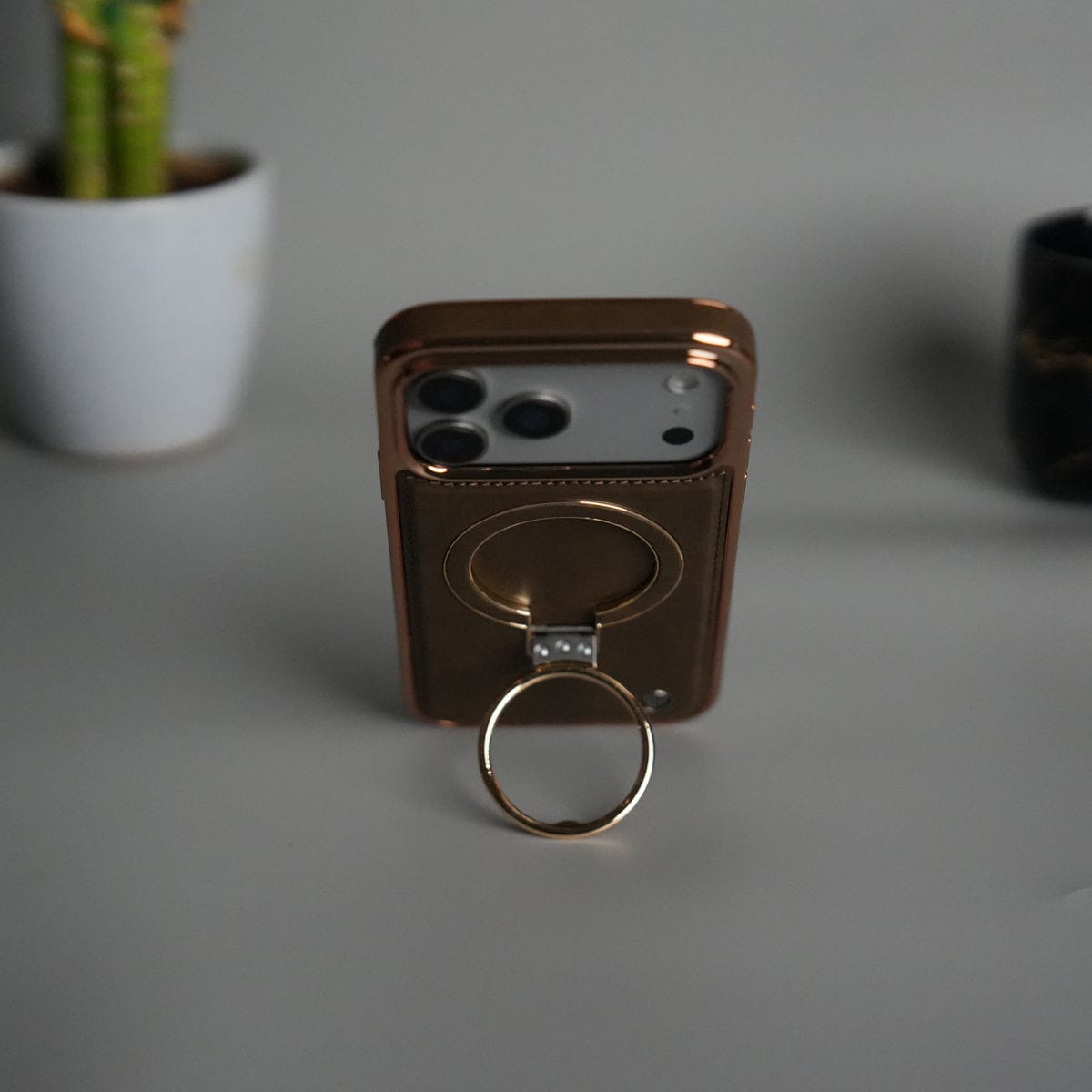 iPhone 17 Series PU Leather Chrome Side Case With Ring Metal Stand | Desert Color