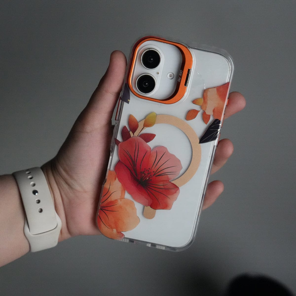 iPhone 17 FloraCrystal Clear Floral Design Case with Color Metal Camera Stand Frame