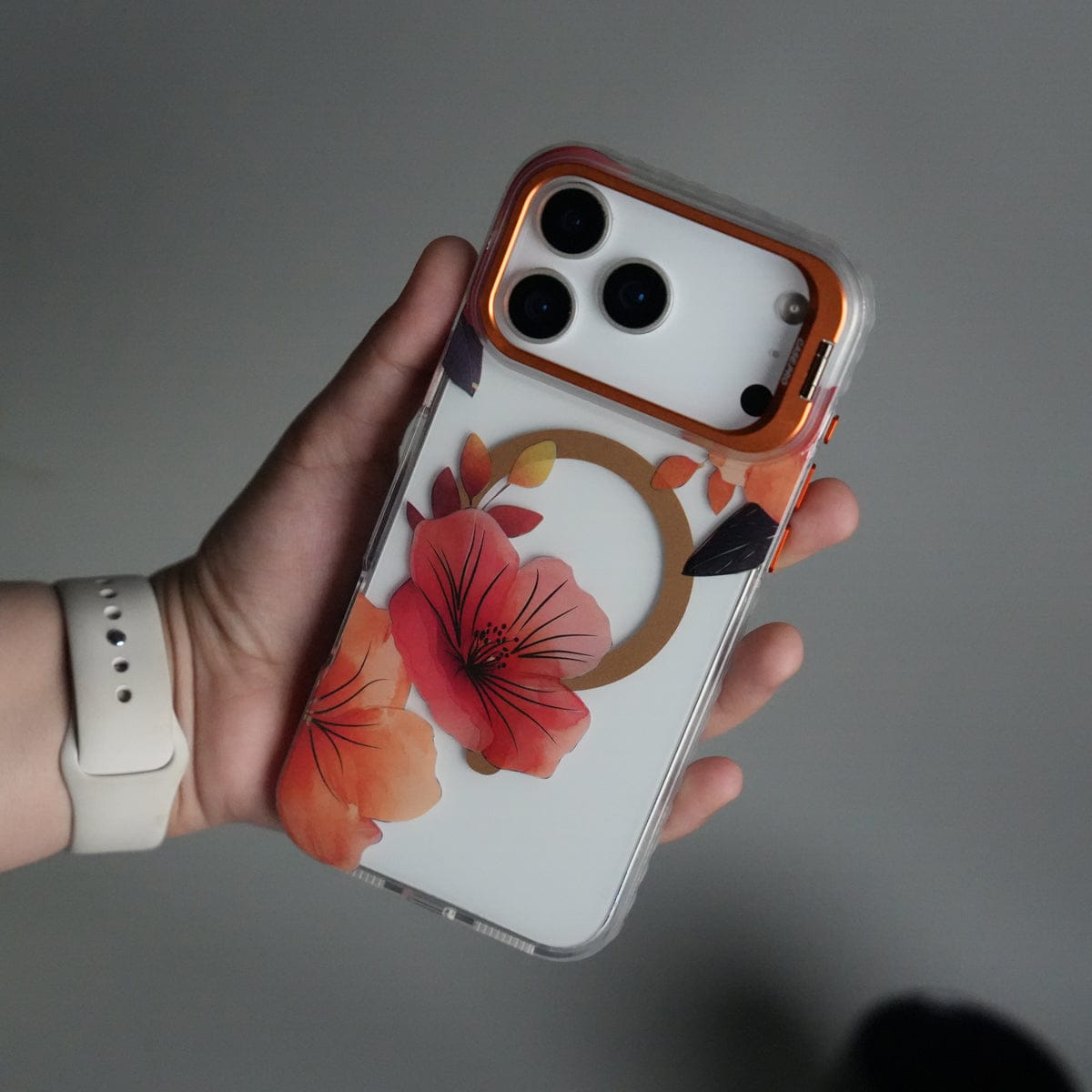 iPhone 17 Pro FloraCrystal Clear Floral Design Case with Color Metal Camera Stand Frame