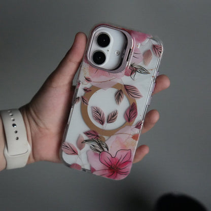 iPhone 17 FloraCrystal Clear Floral Design Case with Color Metal Camera Stand Frame