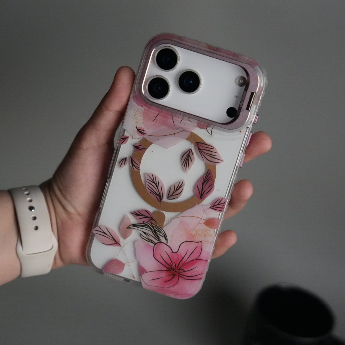 iPhone 17 Pro FloraCrystal Clear Floral Design Case with Color Metal Camera Stand Frame