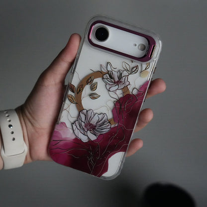 iPhone 17 Air FloraCrystal Clear Floral Design Case with Color Metal Camera Stand Frame