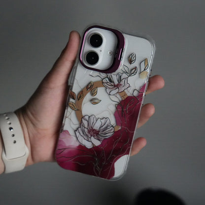 iPhone 17 FloraCrystal Clear Floral Design Case with Color Metal Camera Stand Frame