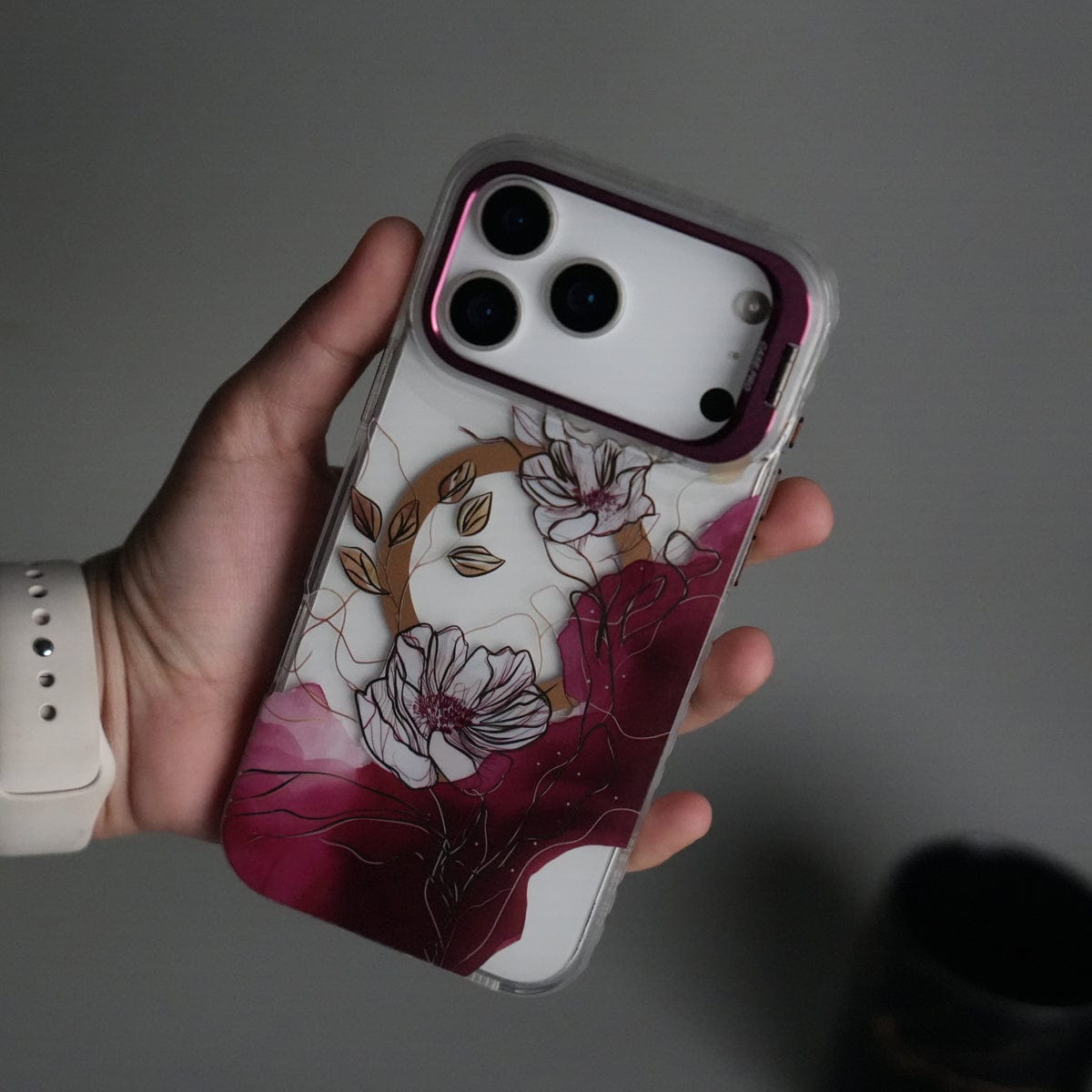 iPhone 17 Pro FloraCrystal Clear Floral Design Case with Color Metal Camera Stand Frame