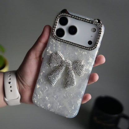 iPhone 17 Pro Max Marble Design Case | Luxury Rhinestone Camera Frame & 3D Diamond Bow Cover