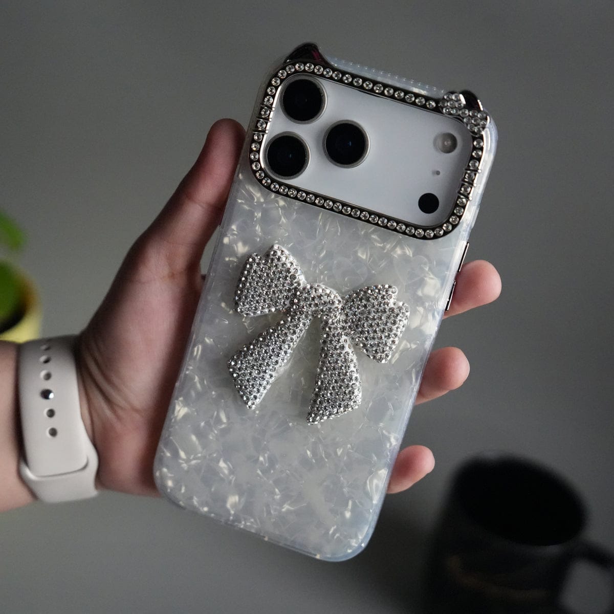 iPhone 17 Pro Max Marble Design Case | Luxury Rhinestone Camera Frame & 3D Diamond Bow Cover