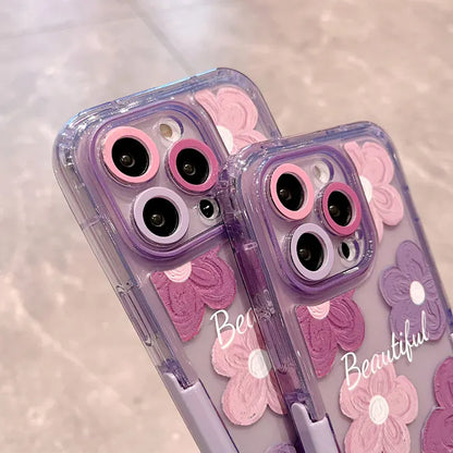 iPhone 15 Series Beautiful Purple Glossy Floral With Kickstand Case Cover