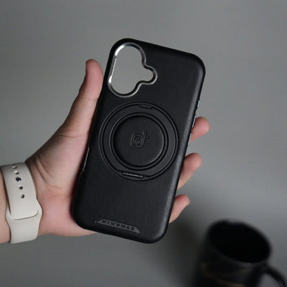 iPhone 16 Series Luxury Leather Magnetic Ring Case | Metal Camera Frame and Kickstand Cover