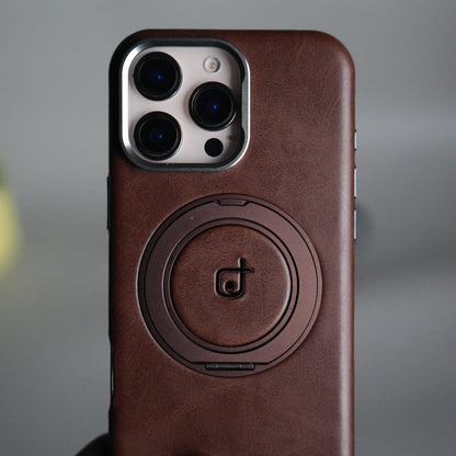 iPhone 15 Series Luxury Leather Magnetic Ring Case | Metal Camera Frame and Kickstand Cover
