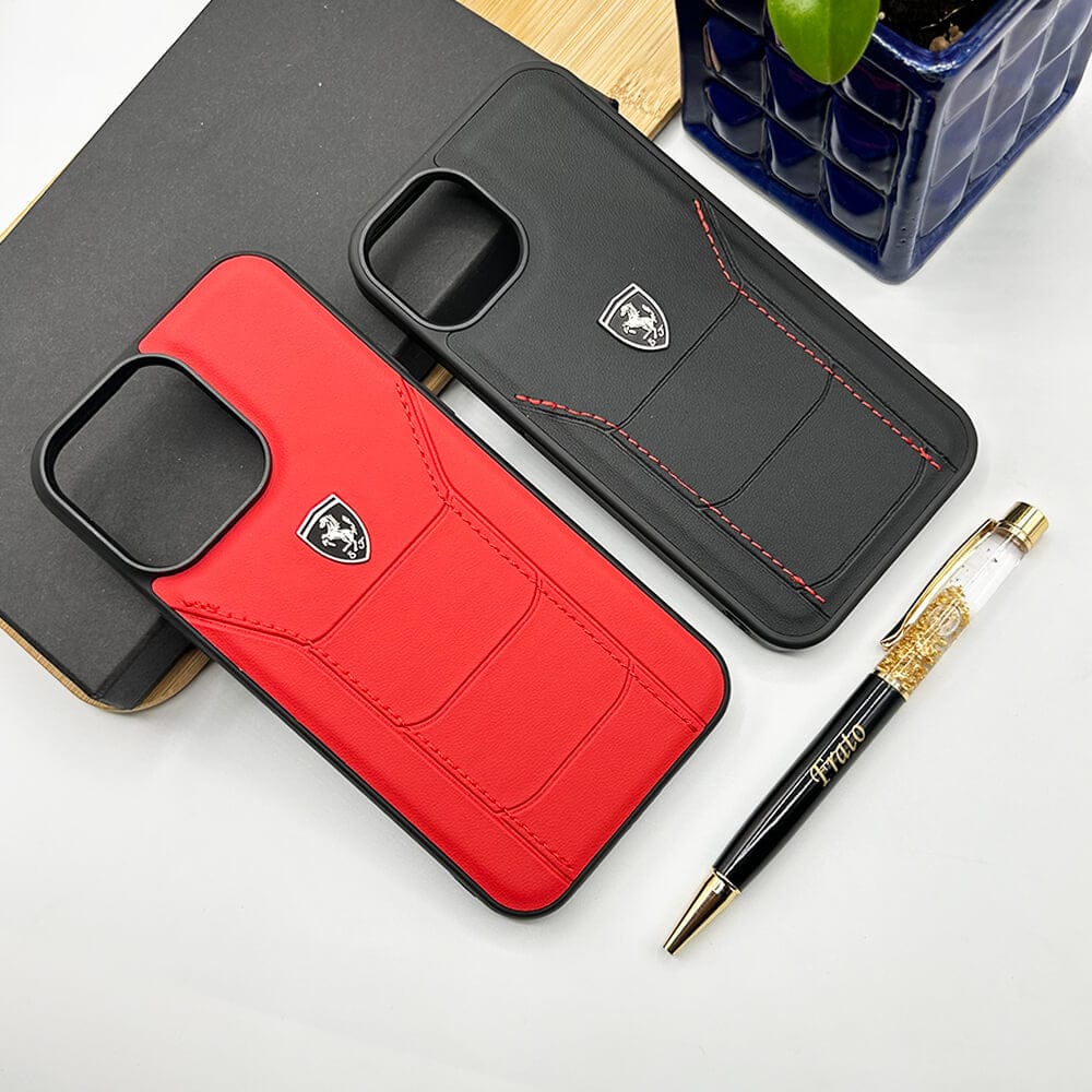 iPhone 16 Series Ferrari Sports Car Logo Side Stitch Leather Cover Red