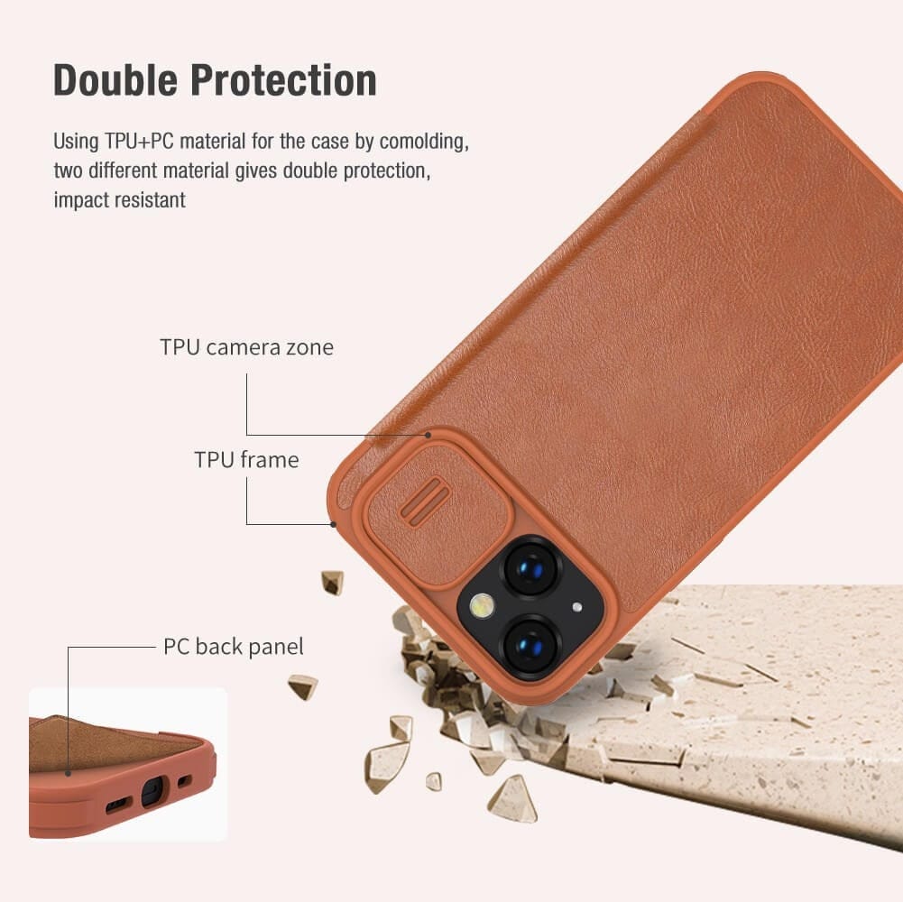 iPhone 15 Camera Protection QIN Leather Flip Case Brown