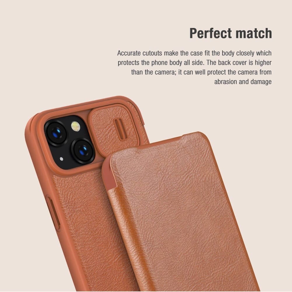 iPhone 15 Camera Protection QIN Leather Flip Case Brown